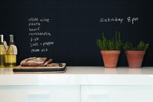 Bread On Chopping Board With Shopping List Blackboard