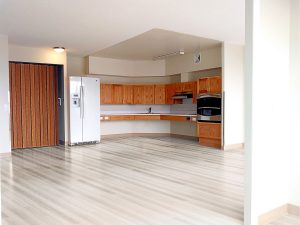 The outline on the ceiling shows the extent of the kitchen where Kneider Architects removed the walls and made it an open space.